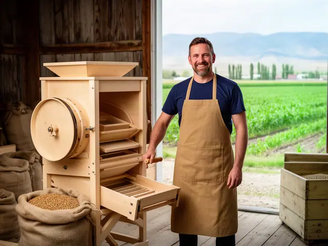 A smiling seed grower beside a new wooden hand-cranked seed-cleaning mill in a barn, green fields outside.