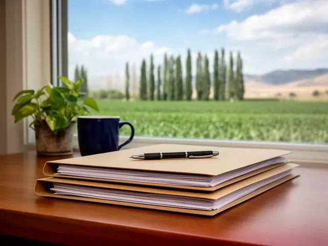 A neat stack of closed manila folders and a pen on a desk by a window.