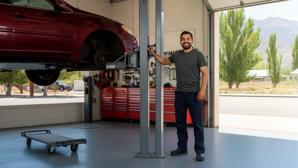 A smiling auto-repair shop owner beside a red sedan raised on a lift, tool wall and open bay door behind.