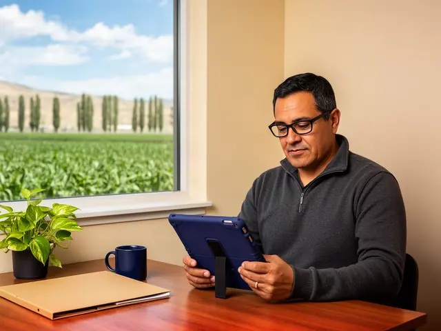 A man with short black hair and black-framed glasses reviewing a tablet at a desk in a small back office.