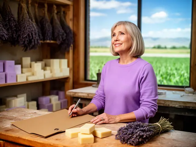 A woman with a short ash-blonde bob at a work table with a closed folder in a small soap and lavender farm shop.